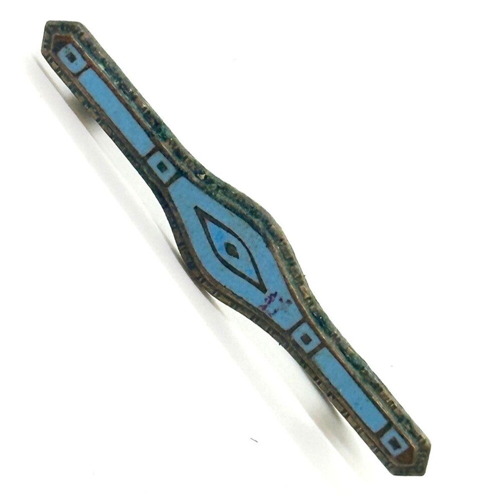 Antique Art Deco Blue Enamel Bar Pin Brooch C Clasp Diamond Shape Center - Picture 2 of 9